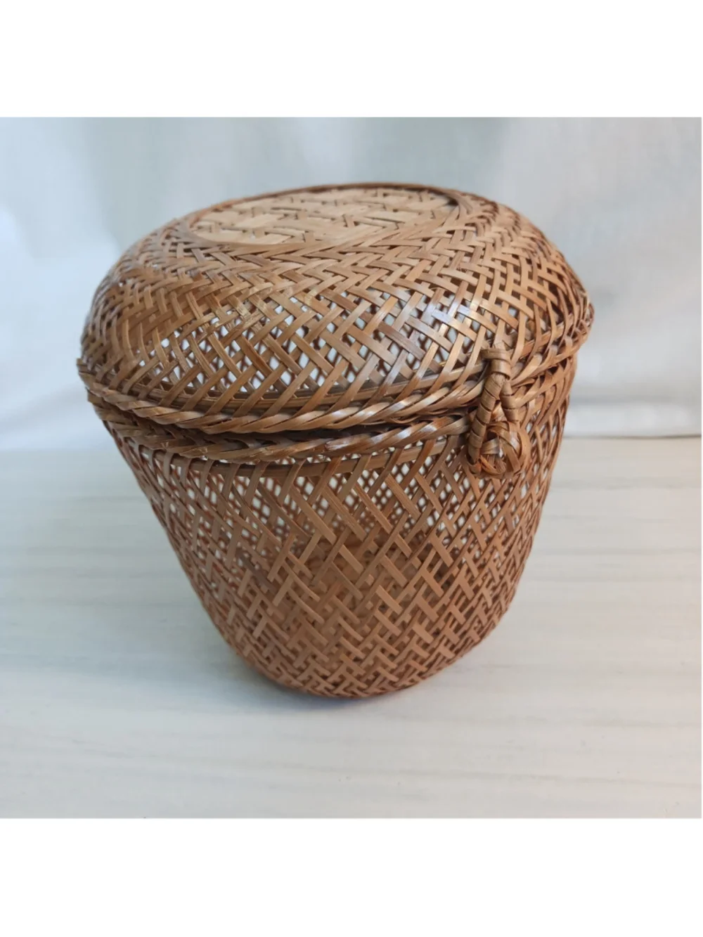Vintage Hand Woven Bamboo Small Basket Hinged Lid Delicate Rattan